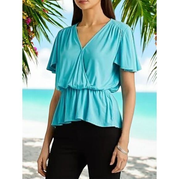 Lauren Ralph Lauren Turquoise Flutter Sleeve Wrap Peplum Top XS/TP New with Tags - Picture 1 of 7